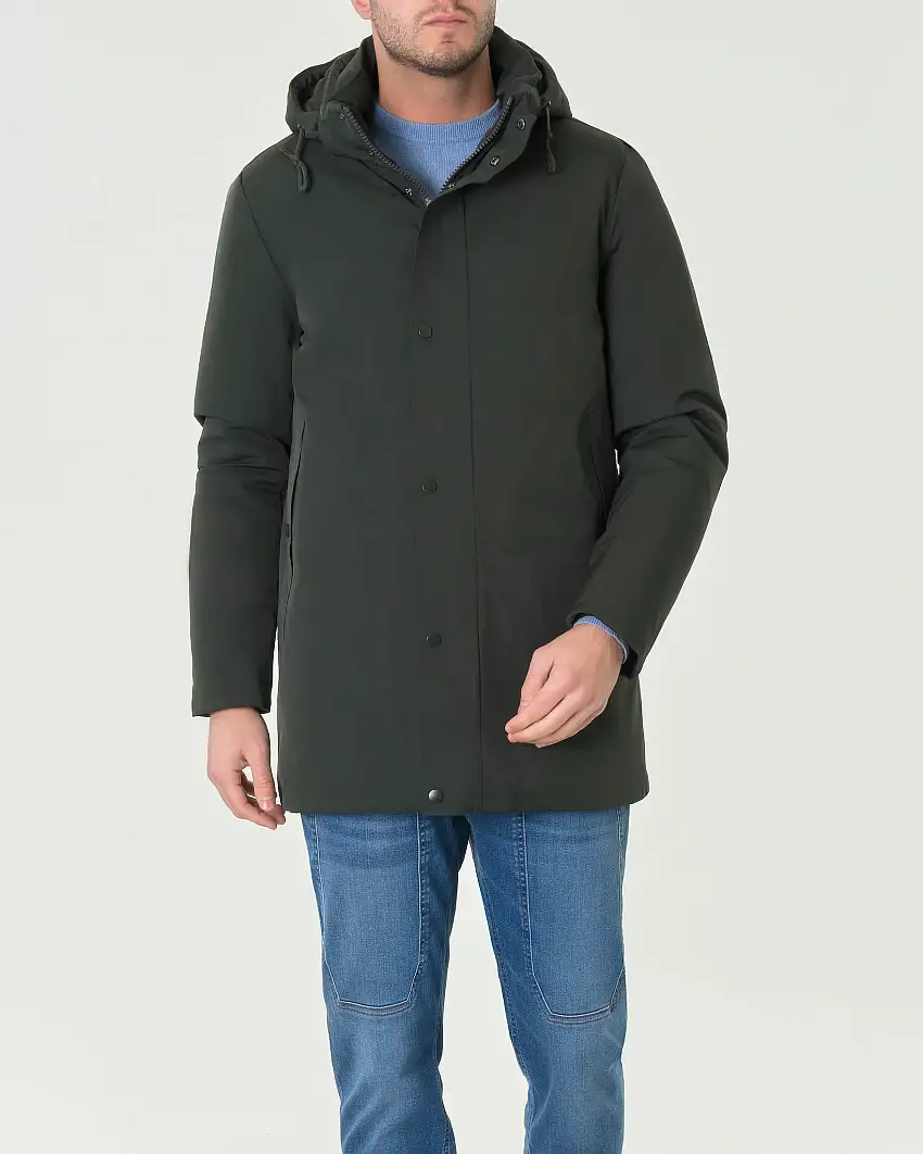 Parka verde militare con cappuccio in tessuto tecnico imbottito con chiusura a cerniera nascosta