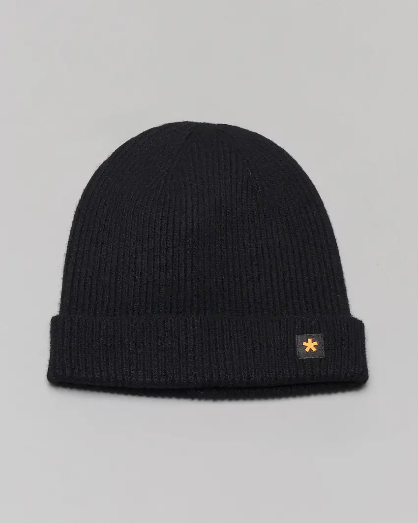 Berretto nero My Stuff in misto lana a costine con risvolto e patch porta logo