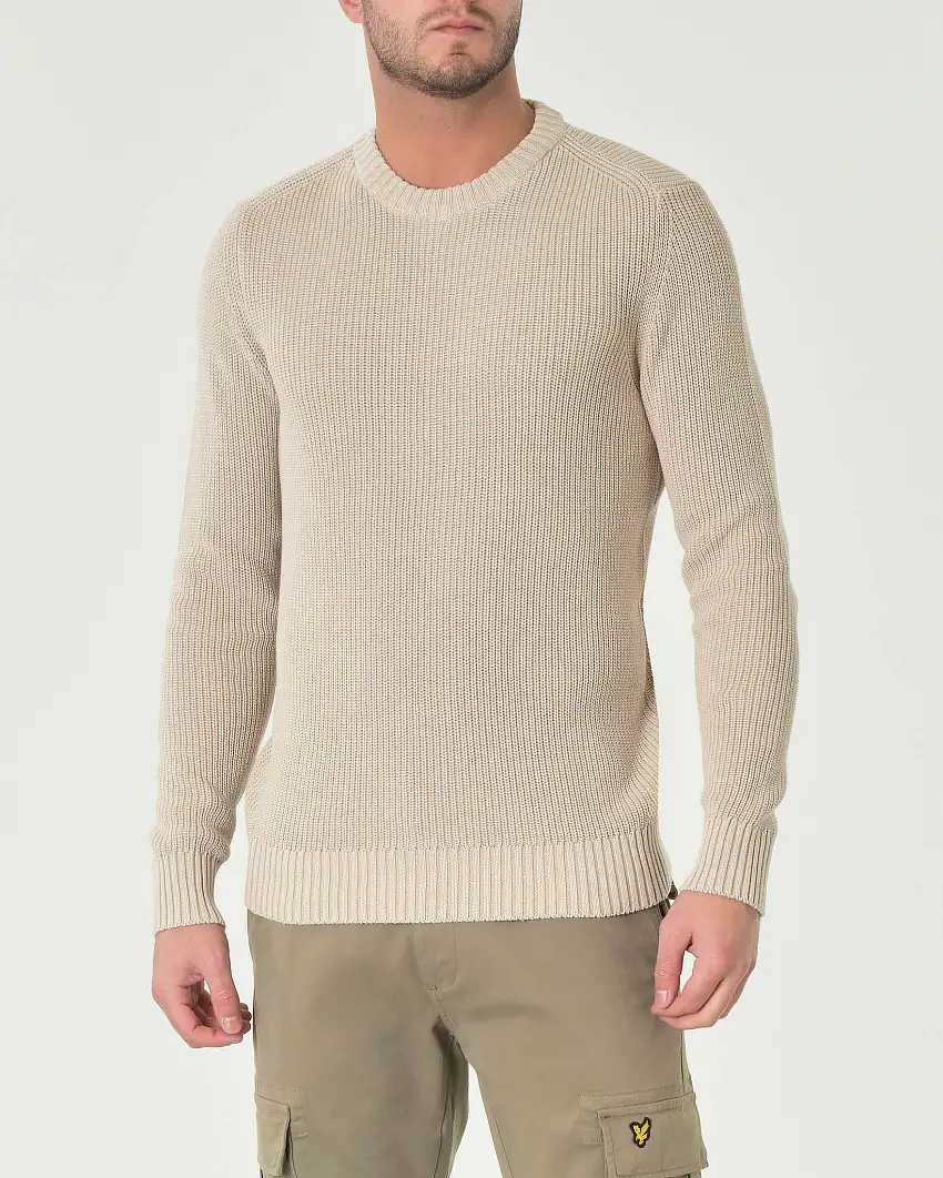 Maglia girocollo beige in puro cotone lavorato a coste inglesi