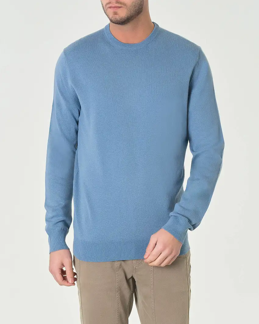 Maglia azzurra girocollo tinta unita in misto lana