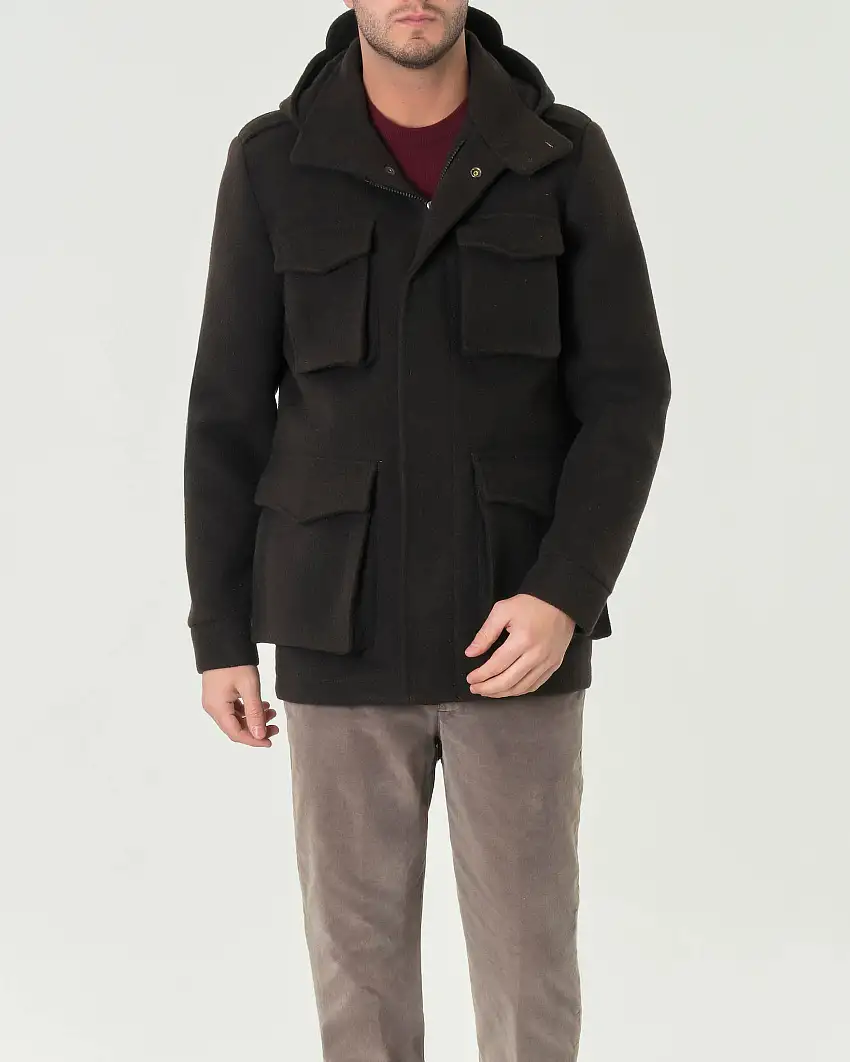 Field Jacket marrone in panno di lana accoppiata con cappuccio