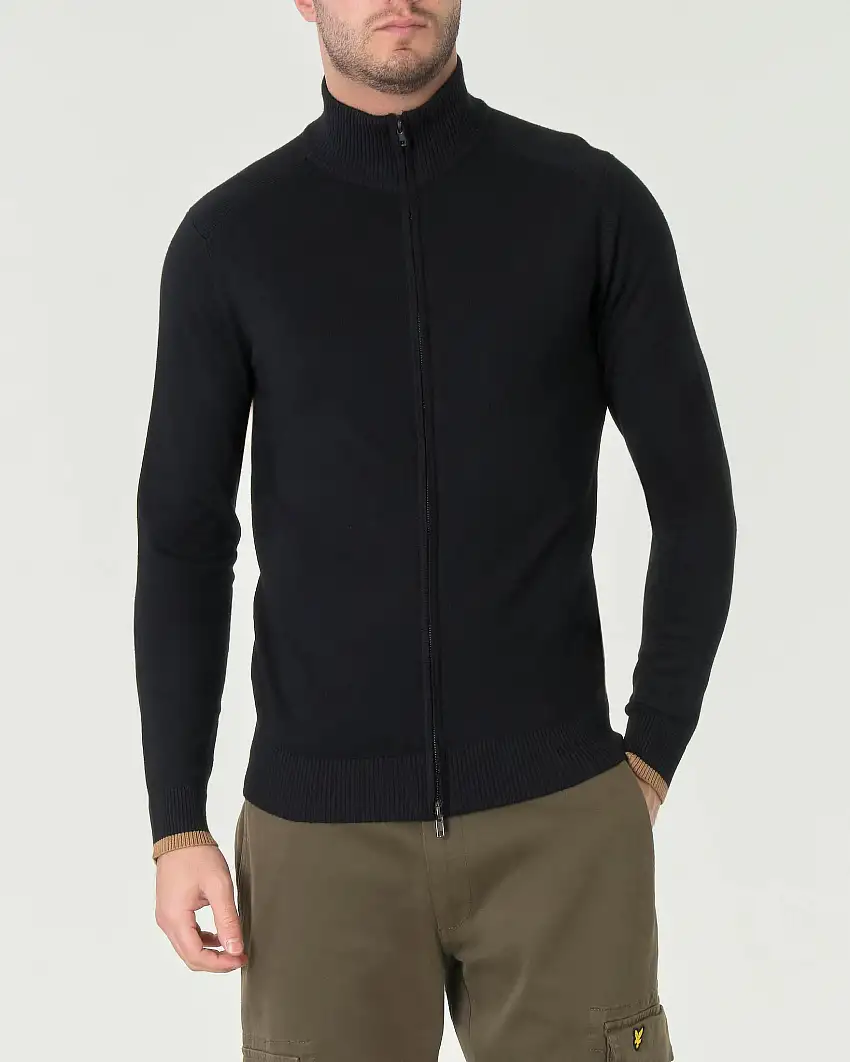 Maglia a collo alto nera in viscosa con chiusura a cerniera e bordino color cammello