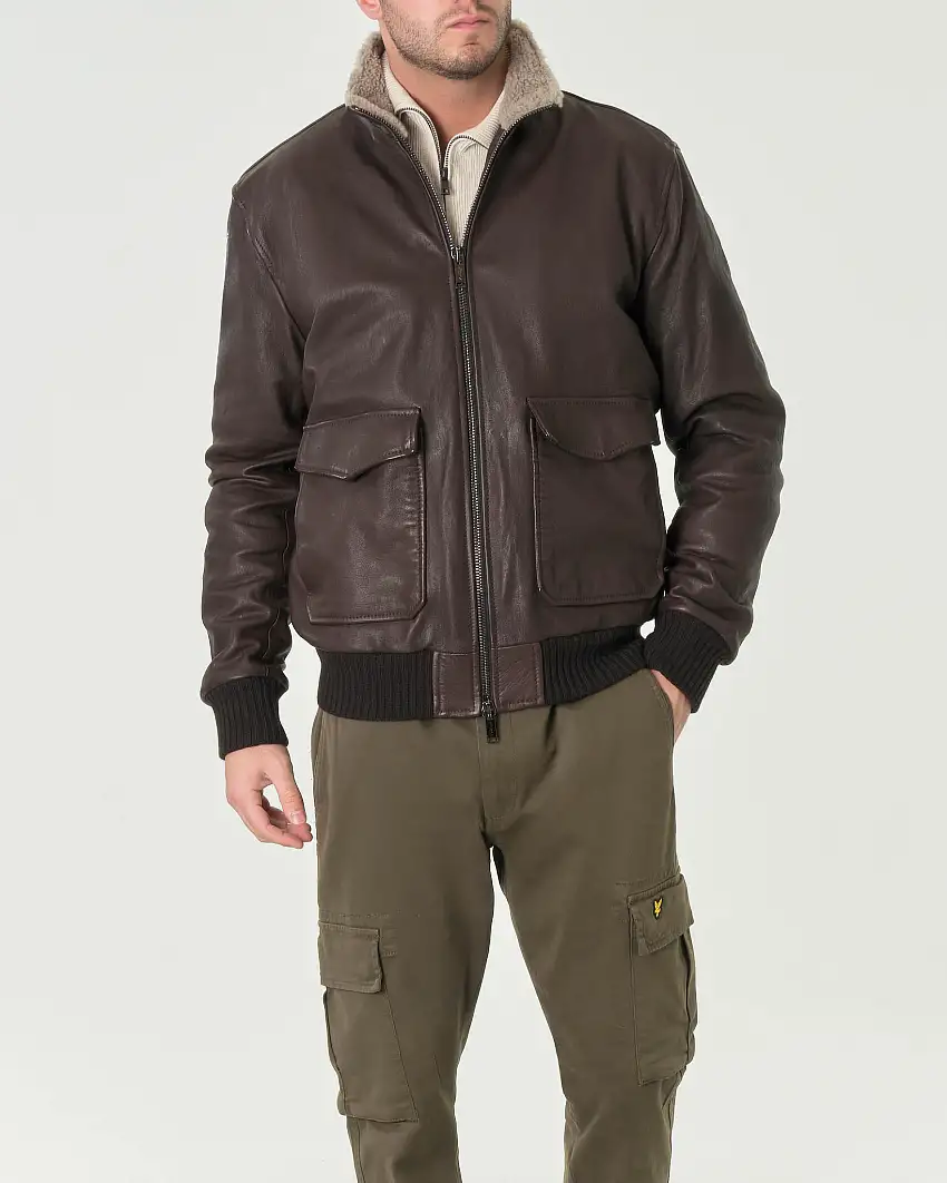 Giacca bomber Volfagli in vera pelle testa di moro con colletto interno in tessuto teddy