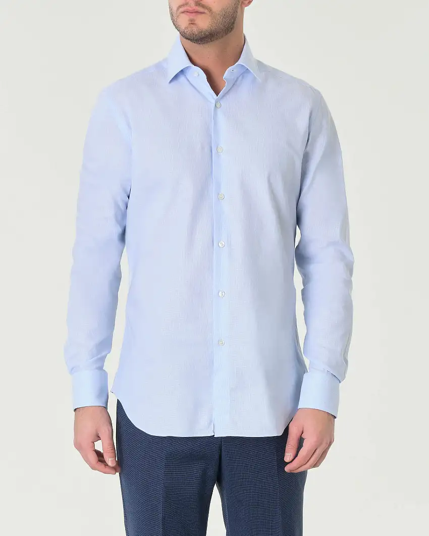 Camicia azzurra in puro cotone armaturato con colletto alla francese