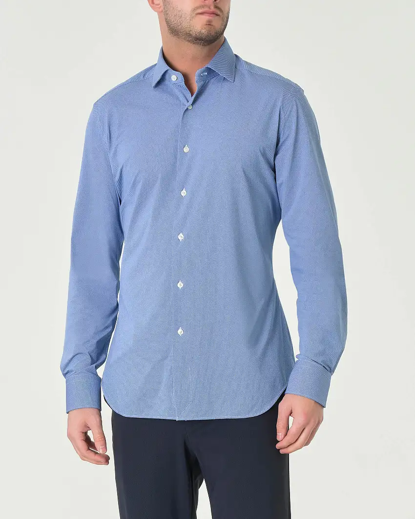 Camicia blu indaco in jersey tecnico active con micro-fantasia ad ovali