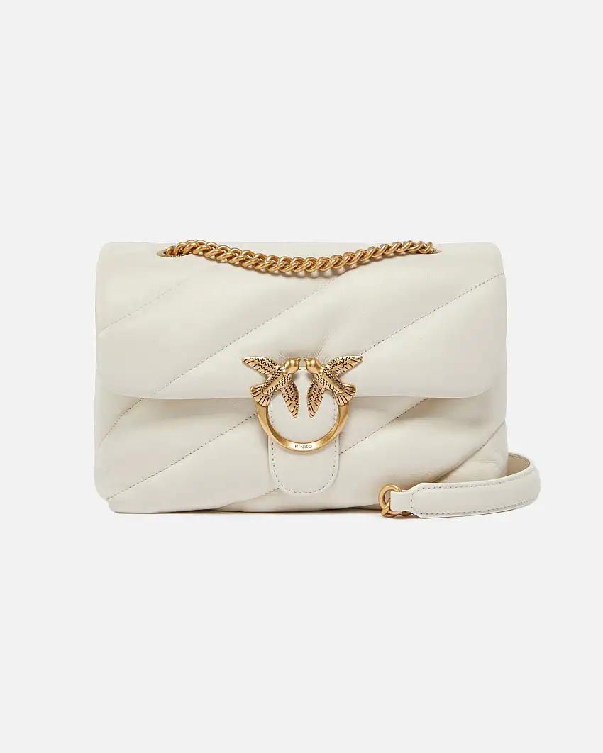 Love Bag Puff bianca in nappa misura media con motivo matelassè obliquo e fibbia dorata Love Birds