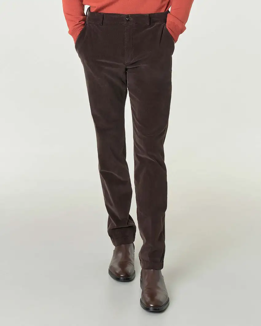 Pantalone chino Brera marrone in velluto millerighe di cotone stretch
