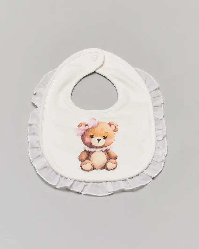 Bavaglino avorio con rouches e stampa orsetta