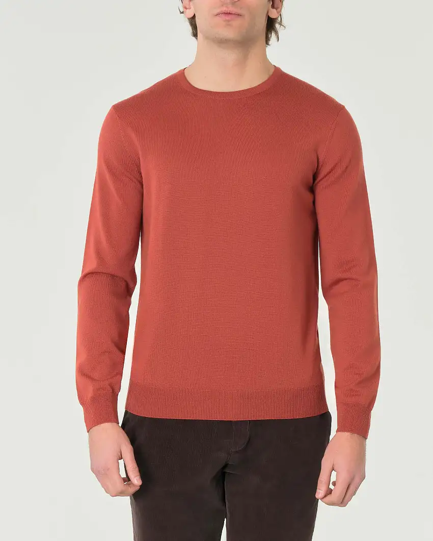 Maglia girocollo Pellizzari color aragosta in pura lana merino