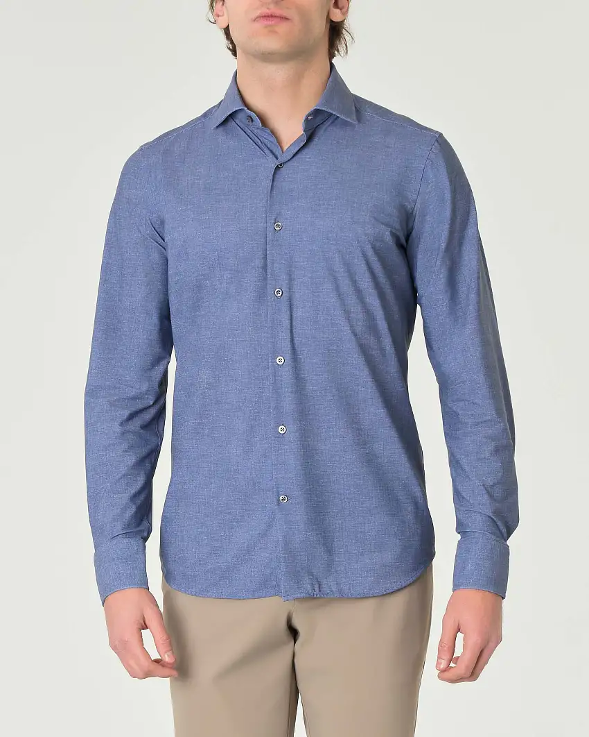 Camicia Pellizzari blu slim-fit in tessuto tecnico effetto chambray