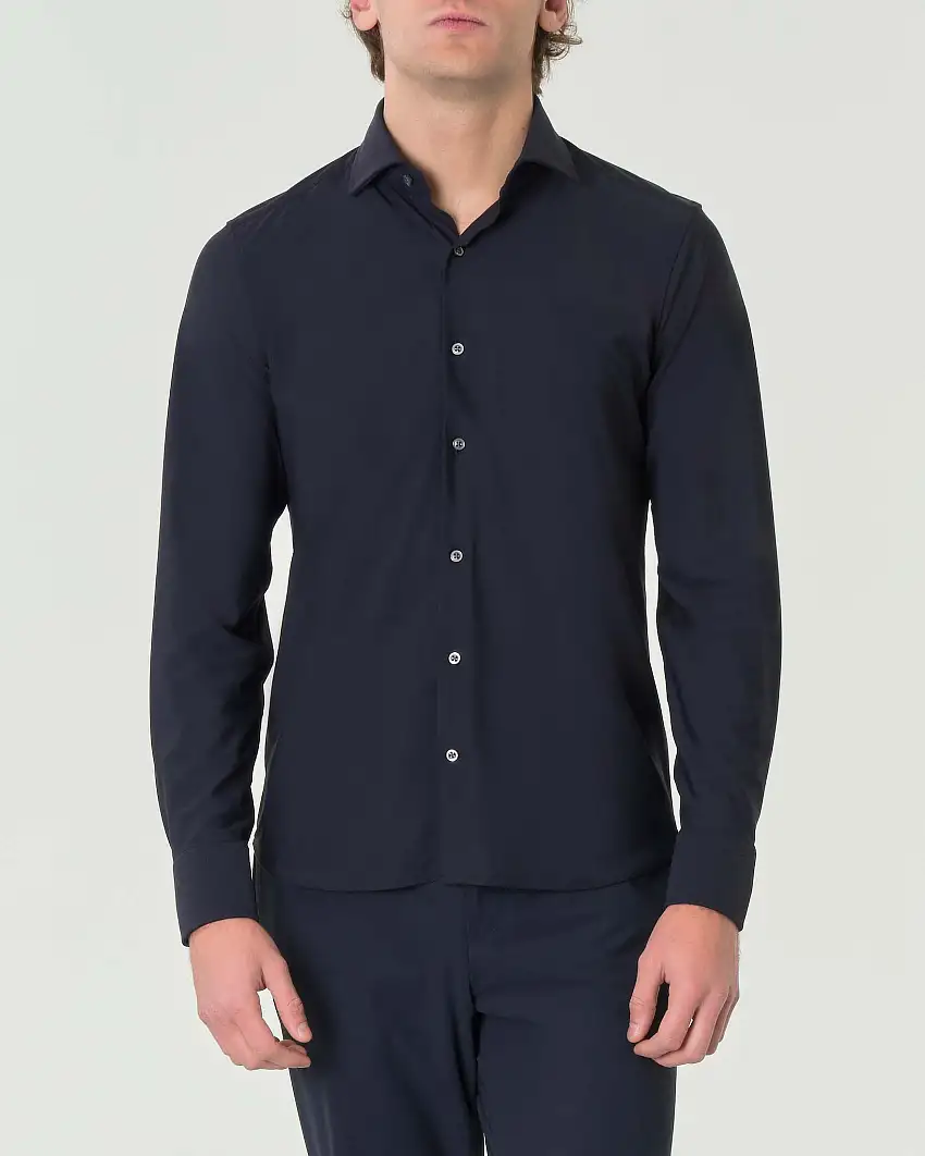 Camicia Pellizzari blu a tinta unita slim-fit in tessuto tecnico con colletto aperto alla francese