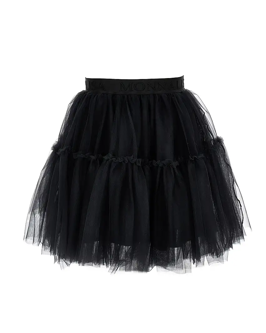 Gonna Monnalisa nera in tulle mano seta con balza al fondo e fascia elastica in vita con logo parlato in tono