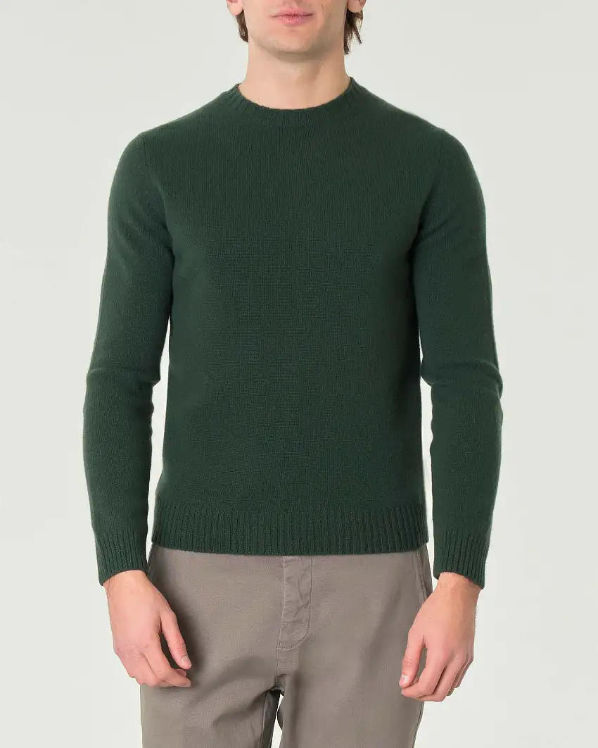 Maglia girocollo Pellizzari verde bosco in misto lana e cachemire finezza 7