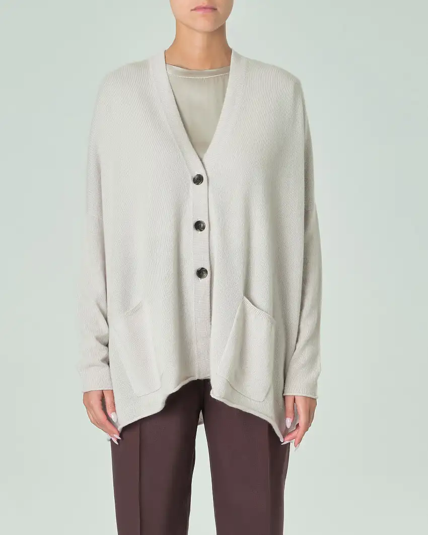 Maxi cardigan color gesso in puro cashmere con scollo a V