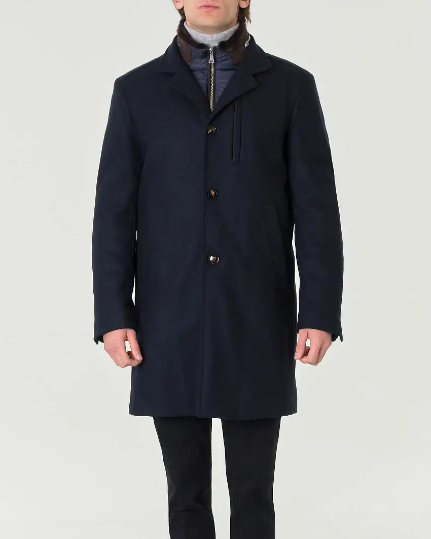 Cappotto Pellizzari blu in panno idrorepellente di misto lana e cashmere con pettorina rimovibile