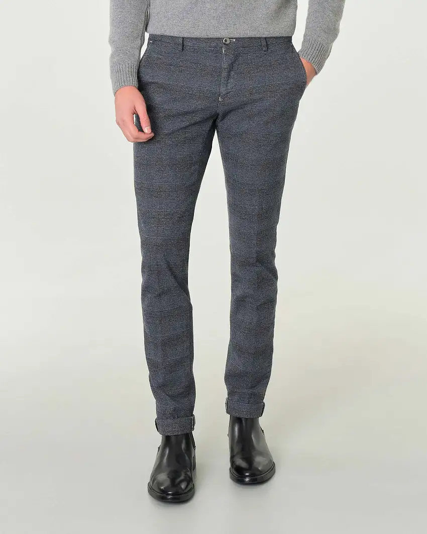 Pantalone chino Levanto grigio e blu slim-fit in Principe di Galles di cotone stretch