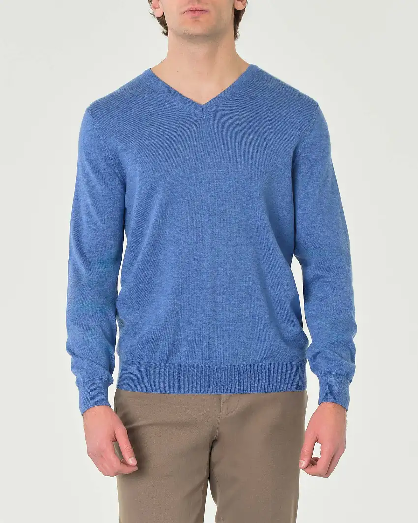 Maglia Pellizzari celeste con scollo a V in pura lana merino