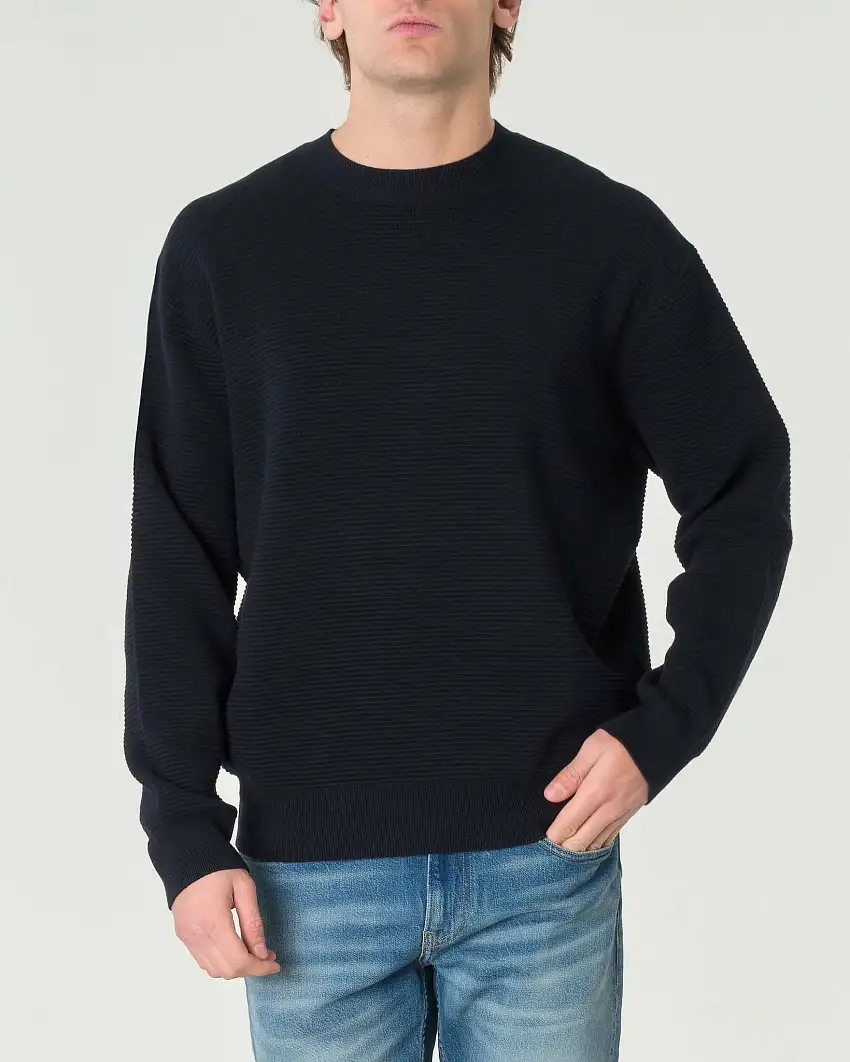 Maglia blu girocollo in puro cotone lavorato a rullini