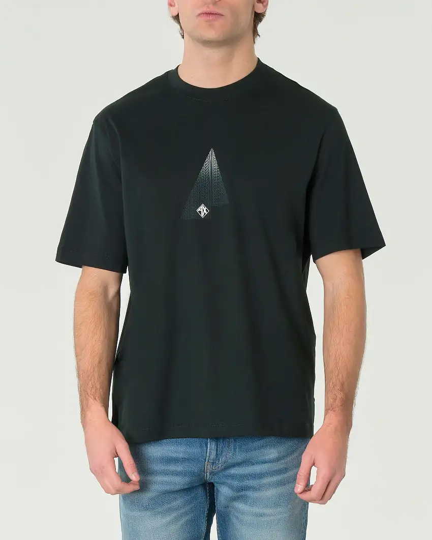 T-shirt girocollo verde militare in puro cotone con grafica multilogo bianca a tringolo sfumata