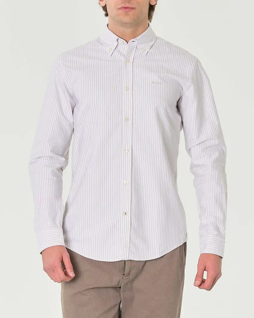 Camicia a righe bianca e beige slim-fit in Oxford di puro cotone con logo ricamato sul petto