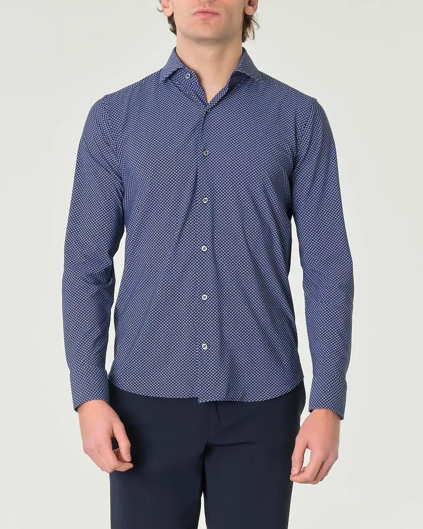 Camicia Pellizzari blu slim-fit in tessuto tecnico con micro-fantasia a pois azzurri