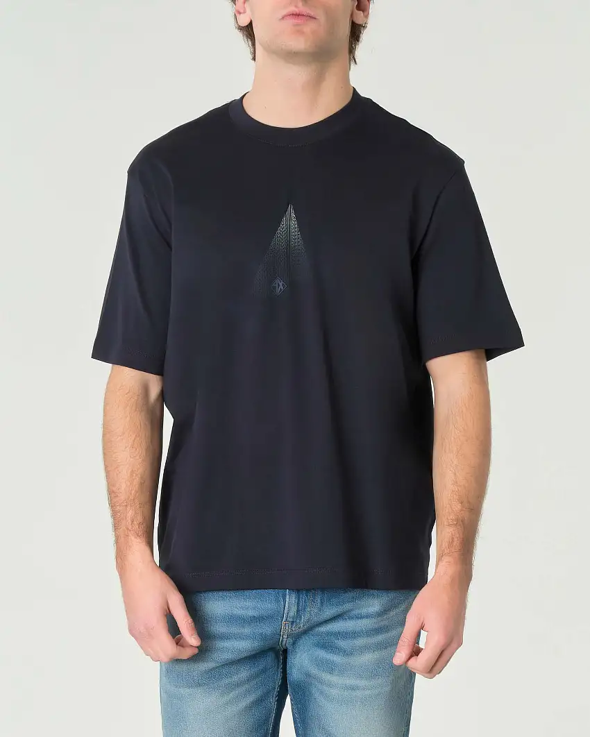 T-shirt girocollo blu in puro cotone con grafica multilogo bianca a tringolo sfumata