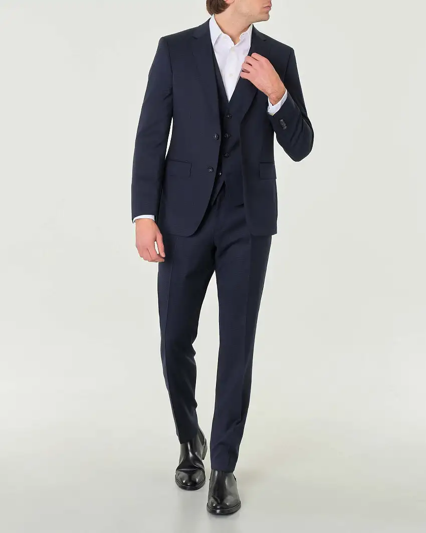 Abito blu Huge slim-fit in tessuto armaturato a quadretti di lana stretch con gilet