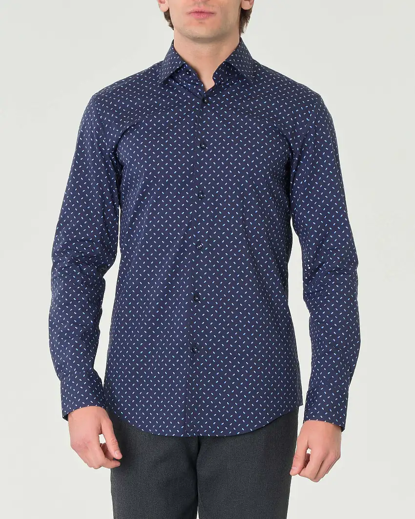 Camicia Hank slim fit blu a fantasia geometrica azzurra e bianca in popeline di cotone stretch con colletto Kent