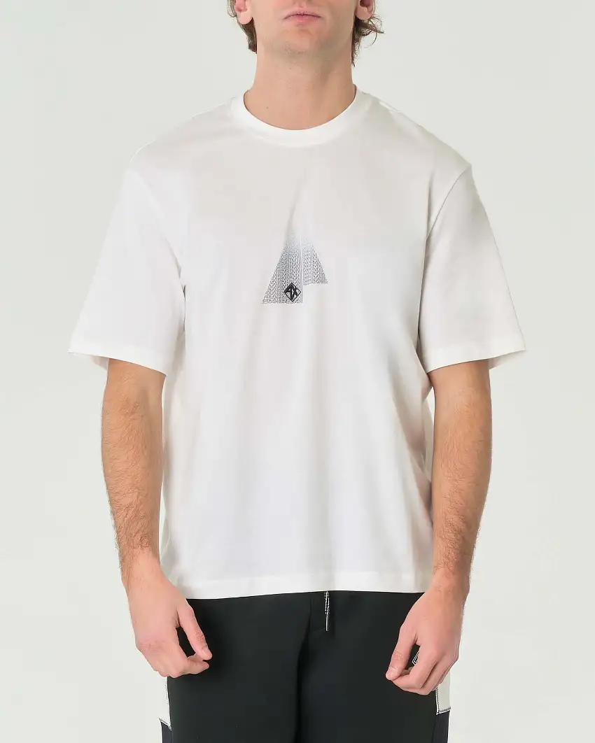 T-shirt girocollo bianca in puro cotone con grafica multilogo nera a tringolo sfumata