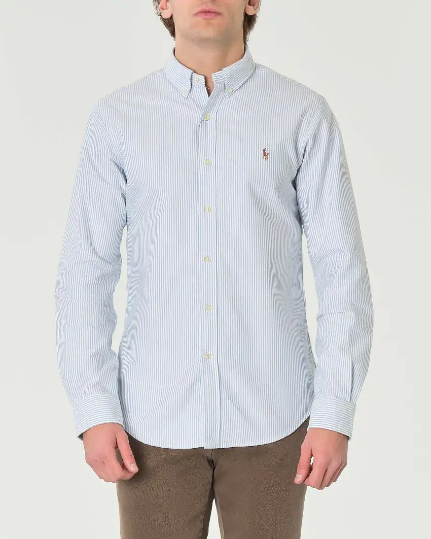 Camicia a righe bianche e azzurre slim-fit in tessuto Oxford in puro cotone con colletto botton-down