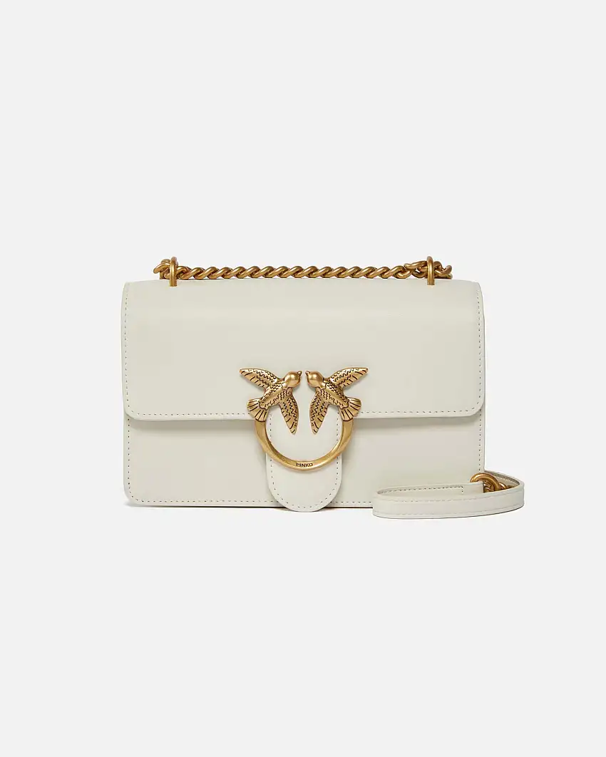 Mini Classic Love Bag one Simply in pelle liscia bianca con fibbia dorata Love Birds e tracolla a catena regolabile