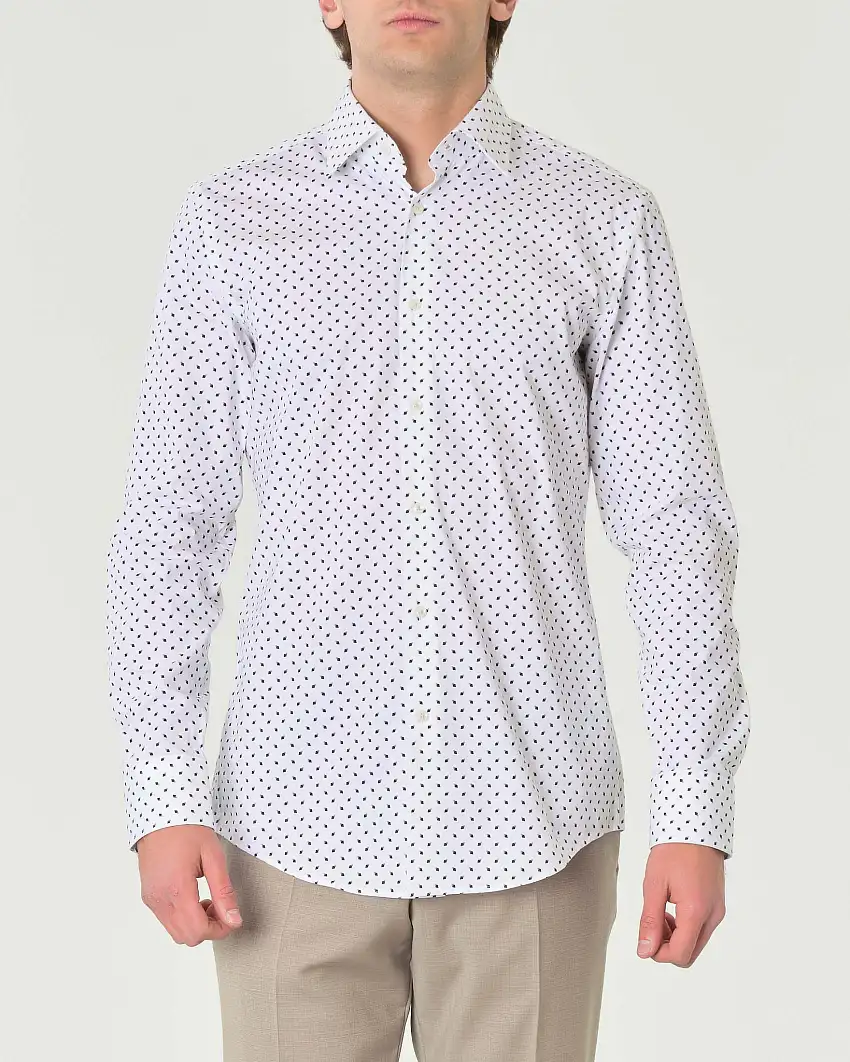 Camicia Hank slim-fit bianca a fantasia geometrica nera e beige in popeline di cotone stretch con colletto Kent