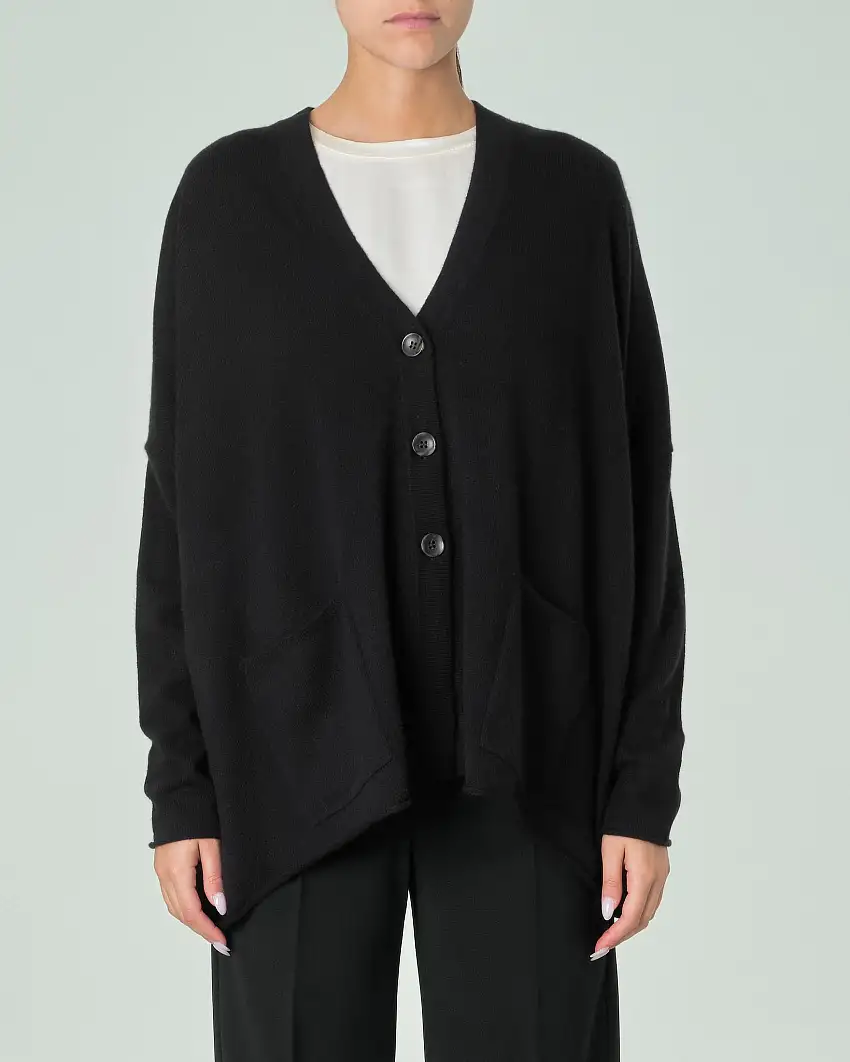 Maxi cardigan nero in puro cashmere con scollo a V