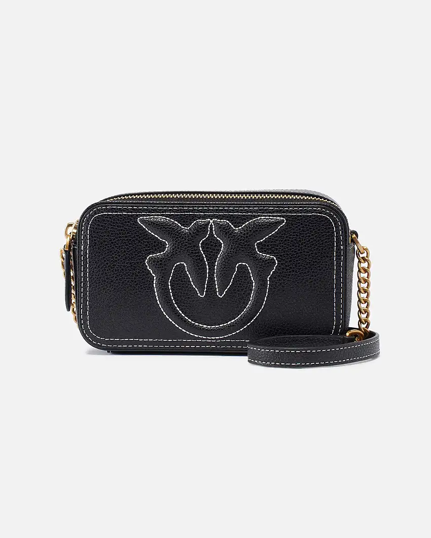 Borsa nera Camera case Pinko con logo impunturato a contrasto di colore e tracolla a catena