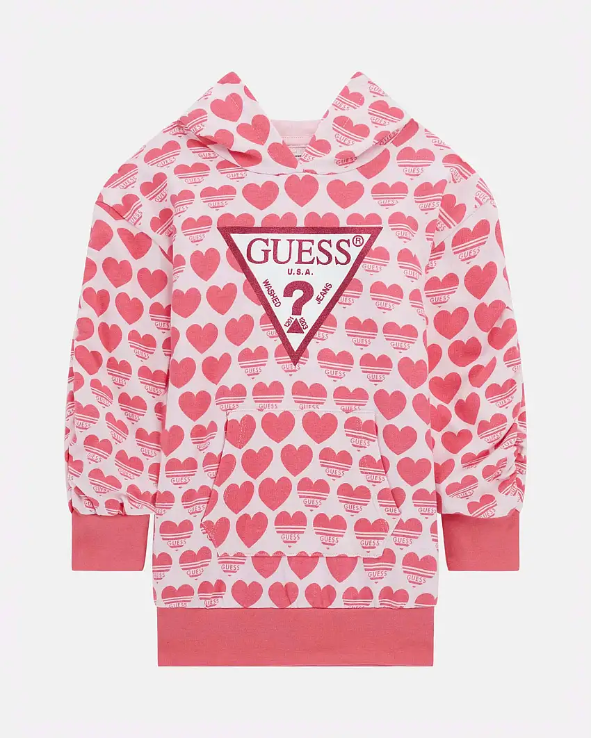 Abito a maxi felpa rosa in puro cotone con cappuccio e motivo a cuori