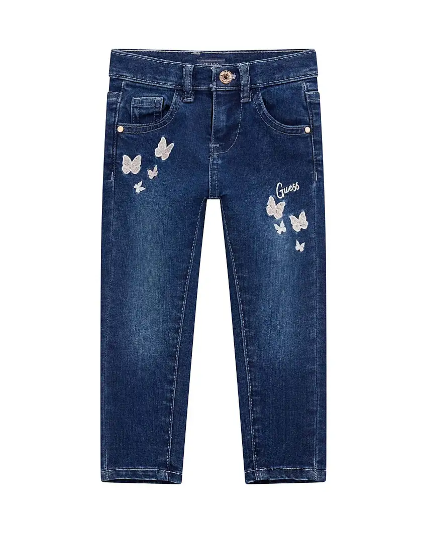 Jeans skinny-fit blu scuro con ricamo farfalle e logo