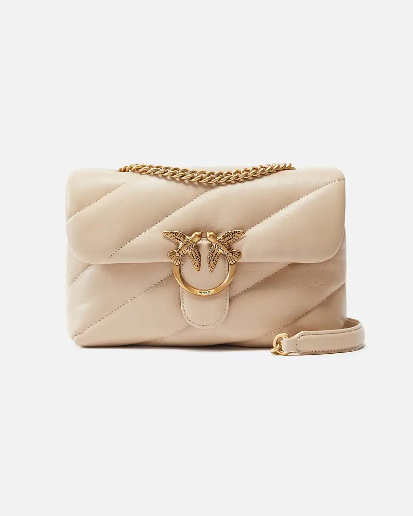Love Bag Puff beige in nappa misura media con motivo matelassè obliquo e fibbia dorata Love Birds