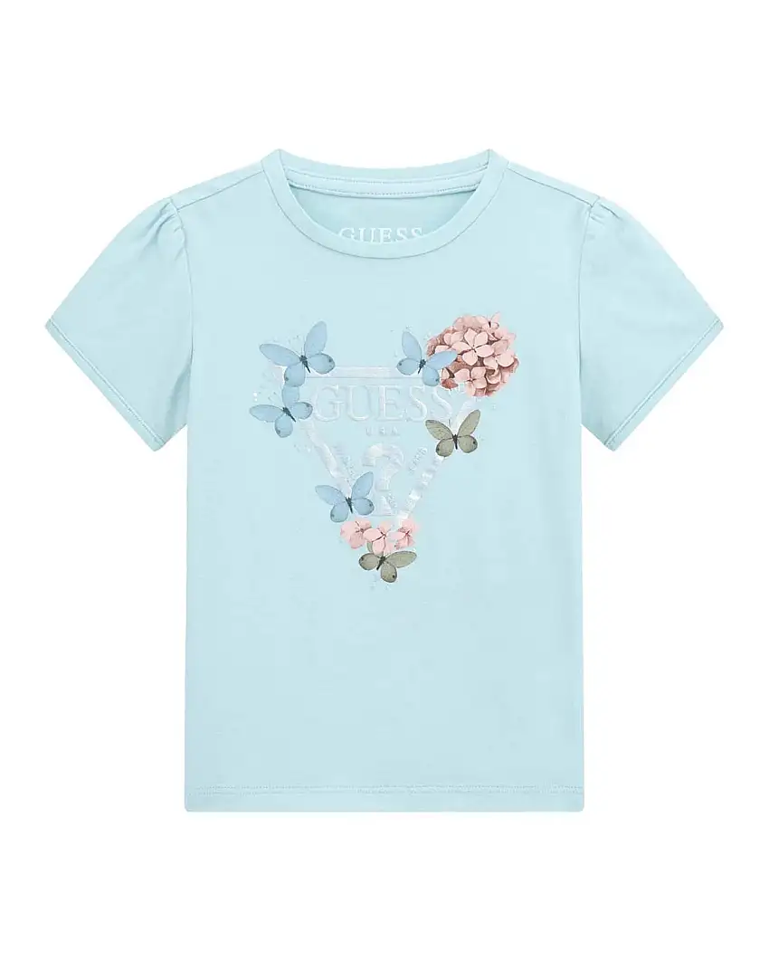 T-shirt color acqua mezza manica con logo triangolo e farfalle