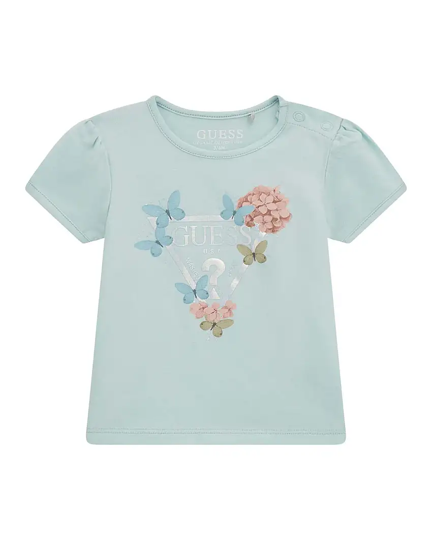 T-shirt verde acqua in cotone stretch con logo triangolo metallizzato e motivo a fiori