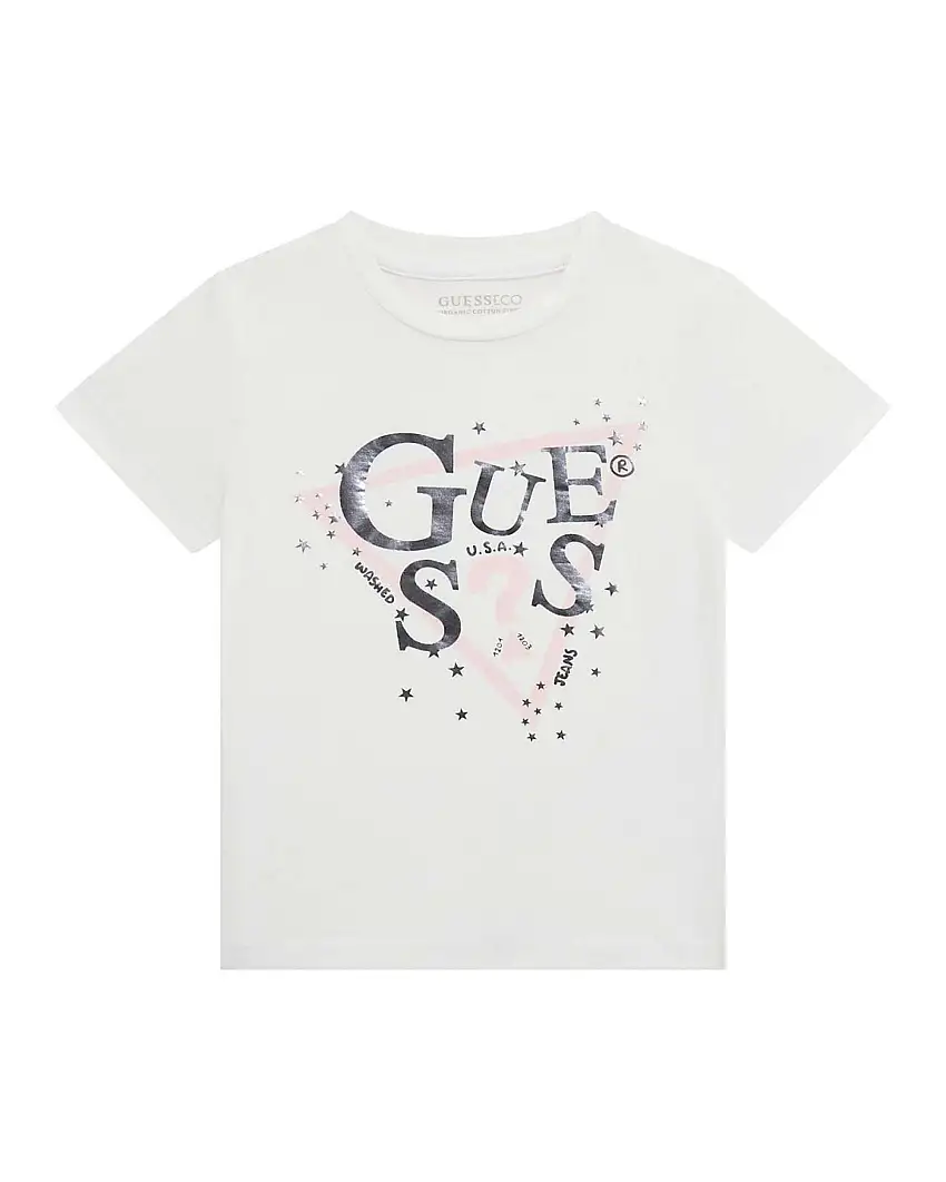 T-shirt bianca mezza manica con logo scritta e stelline riflettenti