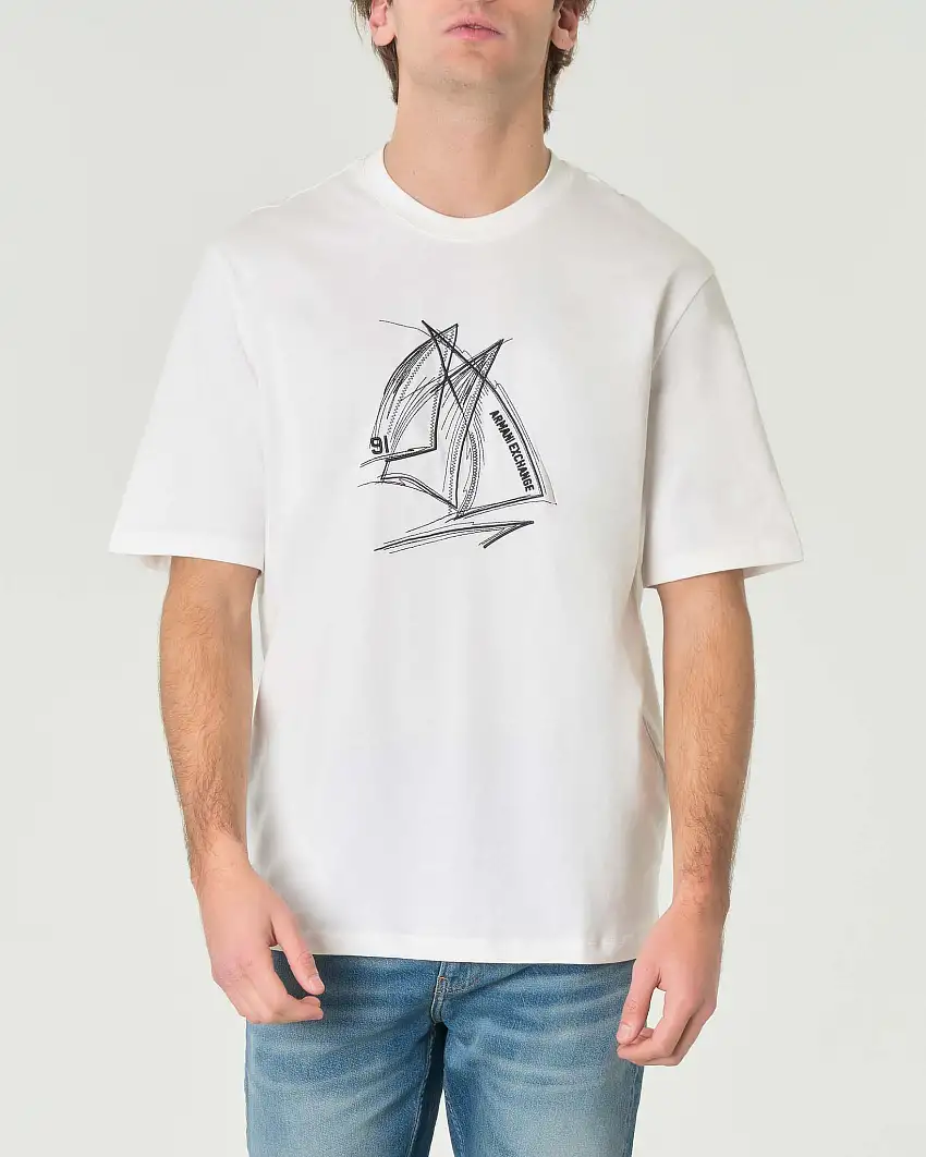 T-shirt girocollo bianca in puro cotone con ricamo vele