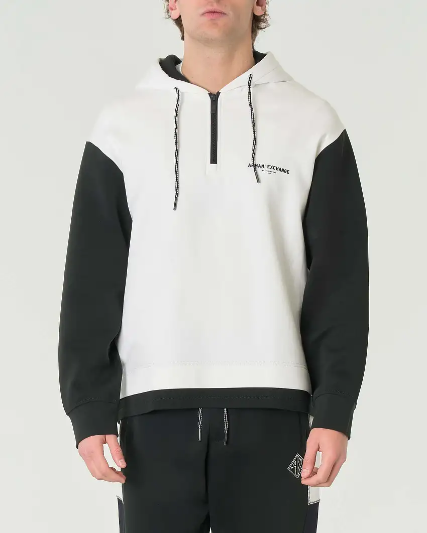 Felpa color-block bianca e verde militare con cappuccio e chiusura a mezza zip
