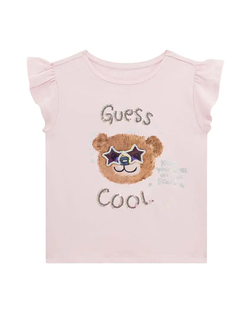 T-shirt rosa in cotone stretch con orsetto e rouches