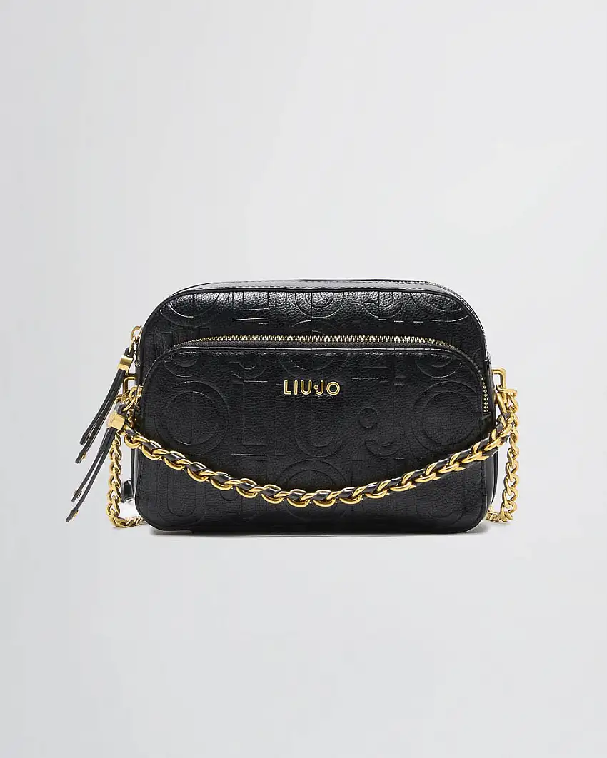 Borsa a tracolla nera in similpelle con motivo logo a rilievo all over embossed e catena decorativa