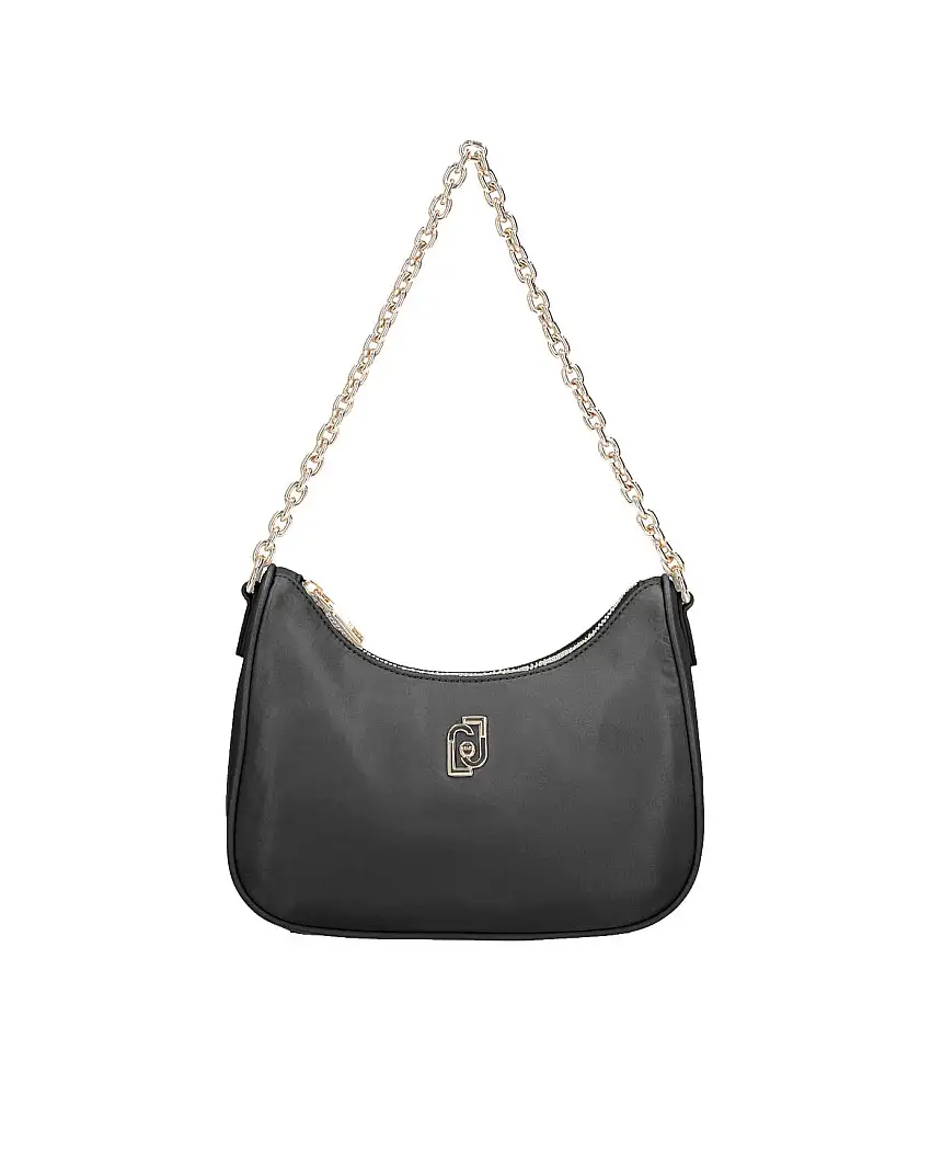 Borsa a spalla nera a mezzaluna in nylon con logo frontale e necessarie in coordinato