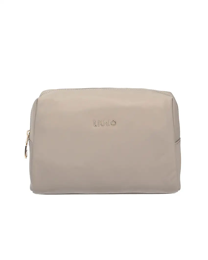 Cosmetic bag color tortora in nylon con logo in metallo frontale dorato