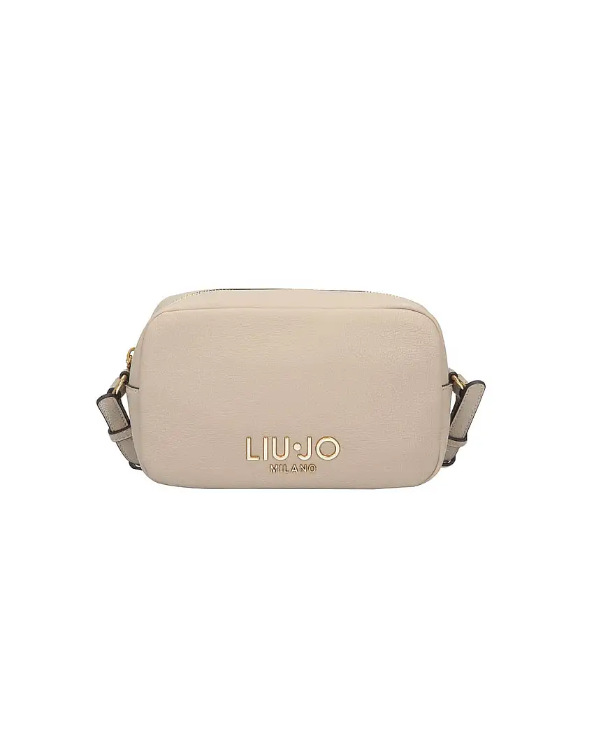 Cross-bag beige in similpelle bottalata con logo in metallo frontale e tracolla con borchie applicate