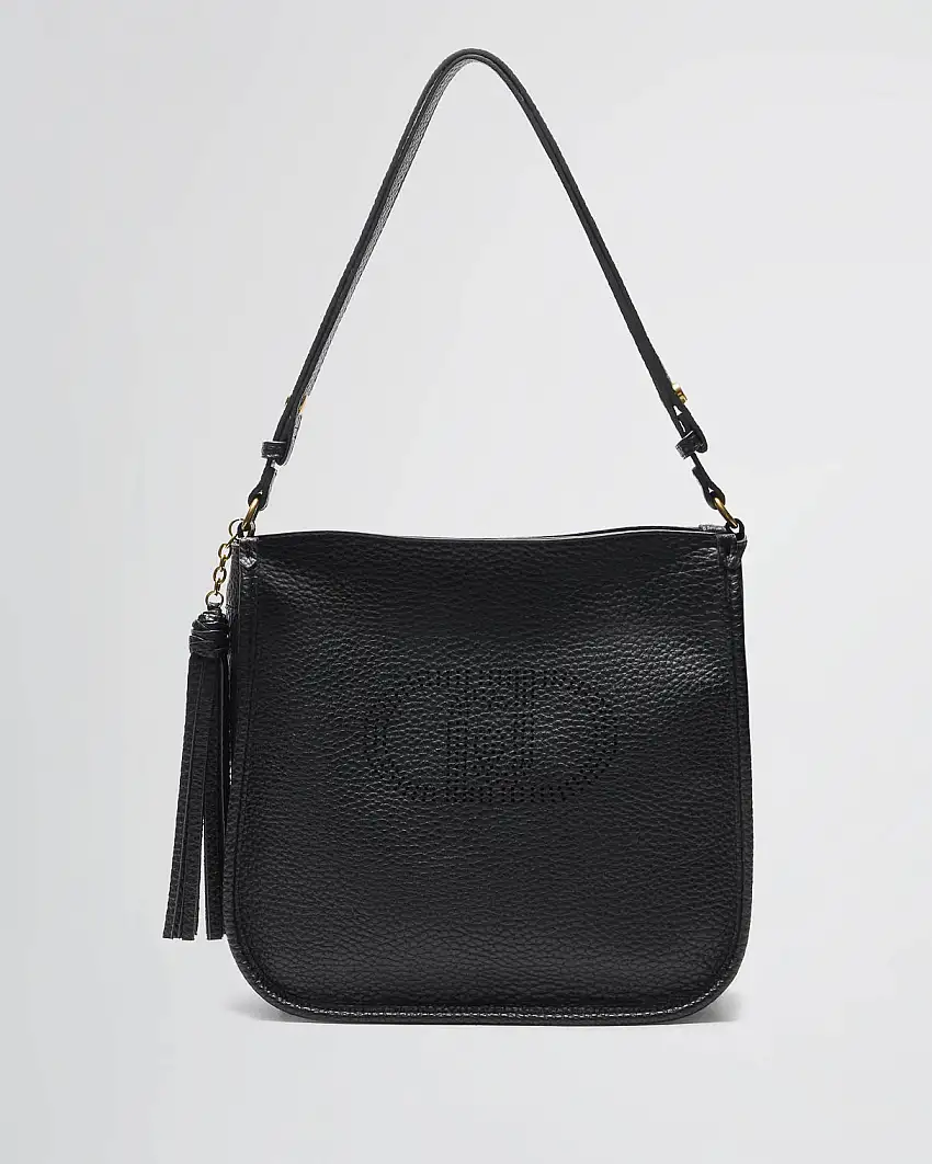 Borsa a spalla nera grande in similpelle bottalata con charm a nappina e maxi logo frontale in borchie