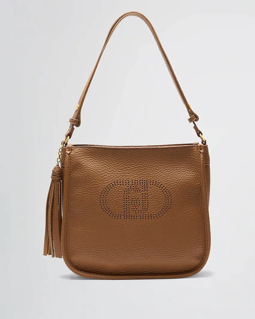 Borsa a spalla color cuoio grande in similpelle bottalata con charm a nappina e maxi logo in borchie