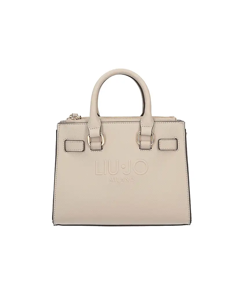 Borsa a mano beige piccola squadrata in similpelle saffiano con maxi logo a rilievo e listini regolabili